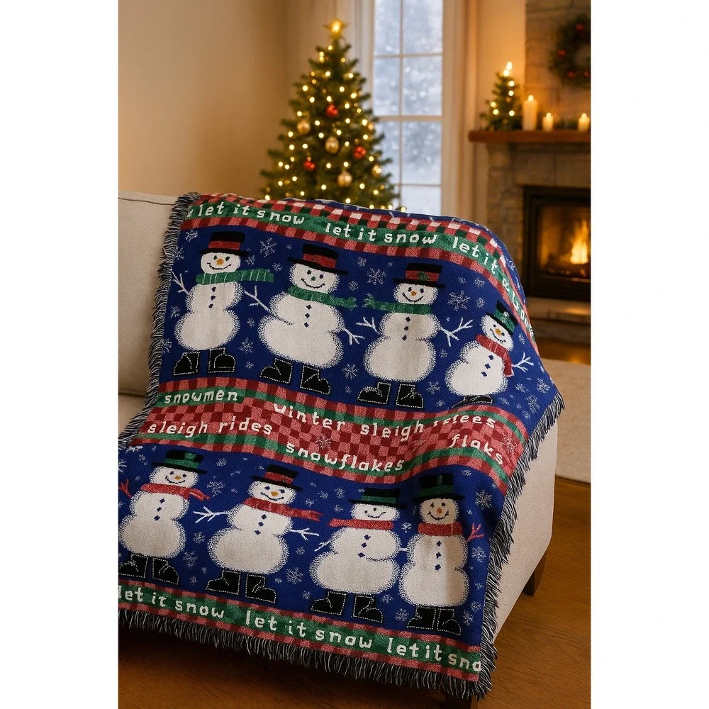 Let It Snow Snowman‎ Throw Blanket Winter Plaid Fringe 48x50 Christmas Décor